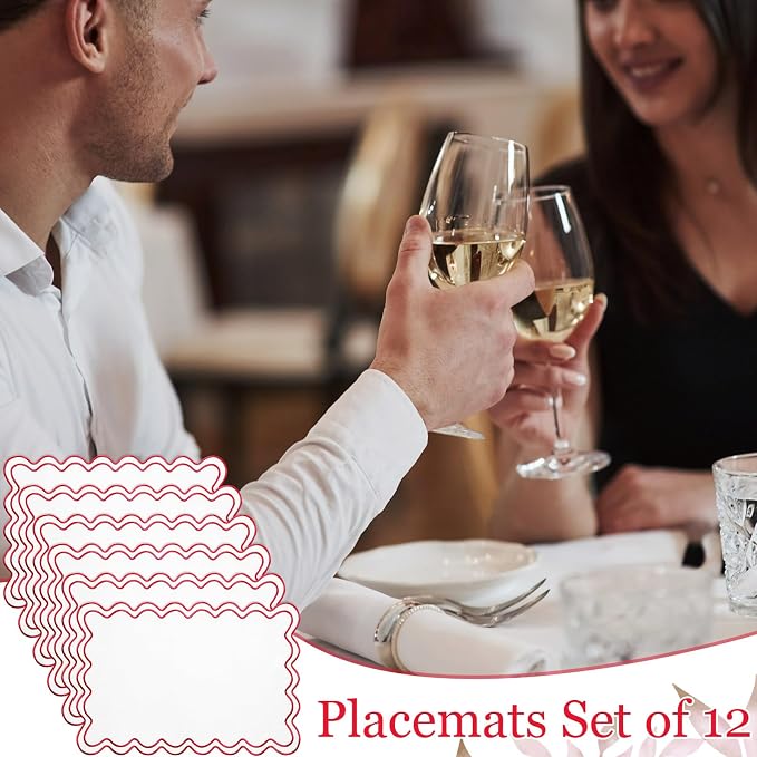 Linen Placemats Set of 12 Scalloped Placemat 13 X19 Wavy Embroidery Double Layered Washable Farmhouse Dinner Fabric Table Mat Napkin for Wedding Party Restaurant(Regular,White&red)