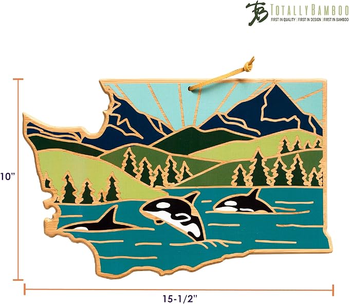 Totally Bamboo Washington State Shaped Cutting Board, Summer Stokes Art | State charcuterie board with colorful hand-drawn landscape art. Smooth reverse side for food prep. Hang tie for wall display.