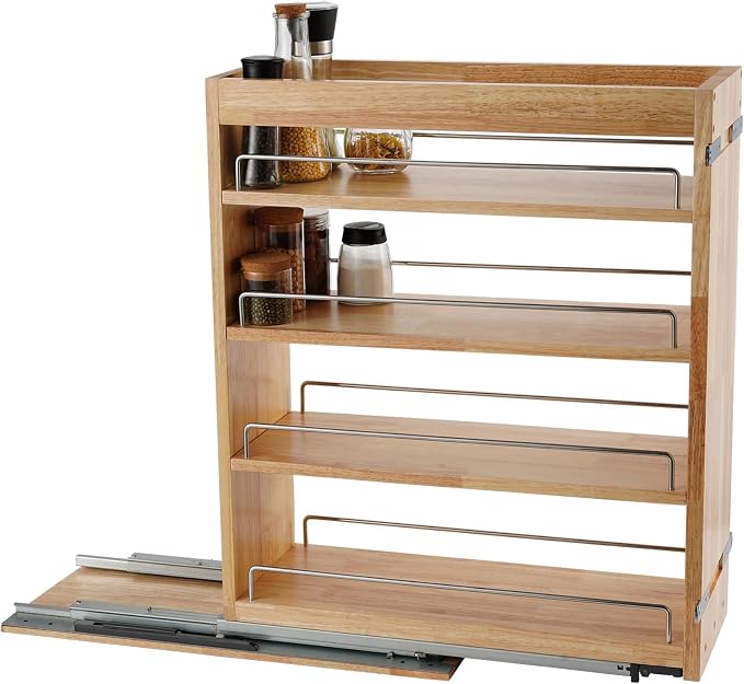 DINDON Pull Out Spice Rack Cabinet Organizer, (8" W x 21.9" D x 25.2" H) Multi-Use Soild Wood Pull Out Cabinet Organizer Slide Out Shelf Sliding Base Cabinet Storage Organization