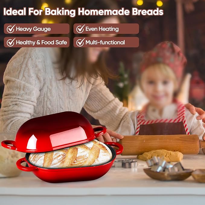 TeamFar Enameled Cast Iron Bread Loaf Pan, 2 QT Oval Dutch Oven with Lid | for Sourdough Bread Baking, Enameled Meatloaf Loaf Baking Pan with Lid, Even Heat Distribution & Self-Basting, Red