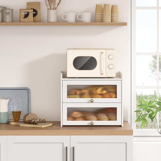 Large Vintage Bread Box for Kitchen Countertop Homemade Bread, White | Farmhouse Wooden Double Layer Breadbox Organizer Bread Holder Storage Container with Window
