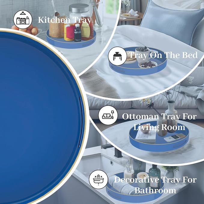 13" Blue Decorative Tray, Plastic Round Serving Tray with Handles | Decorative Tray for Coffee Table, Modern Ottoman Tray, Circle Tea Tray, Round Melamine Tray for Living Room, Bathroom