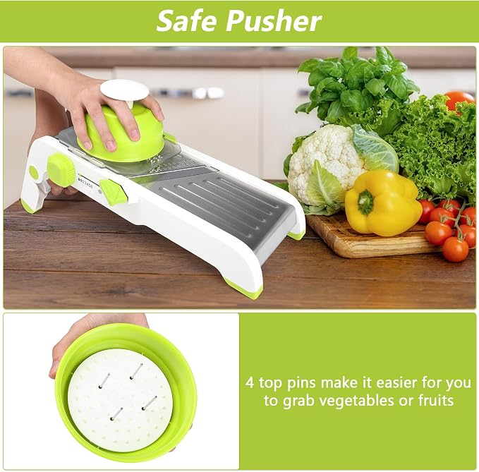 Mandoline Slicer for Kitchen, Adjustable Vegetable Potato Slicer | Stainless Steel Safe Mandolin Veggie Fruit Cutter with Food Holder, for Onion Cucumber Tomato Carrot, Green