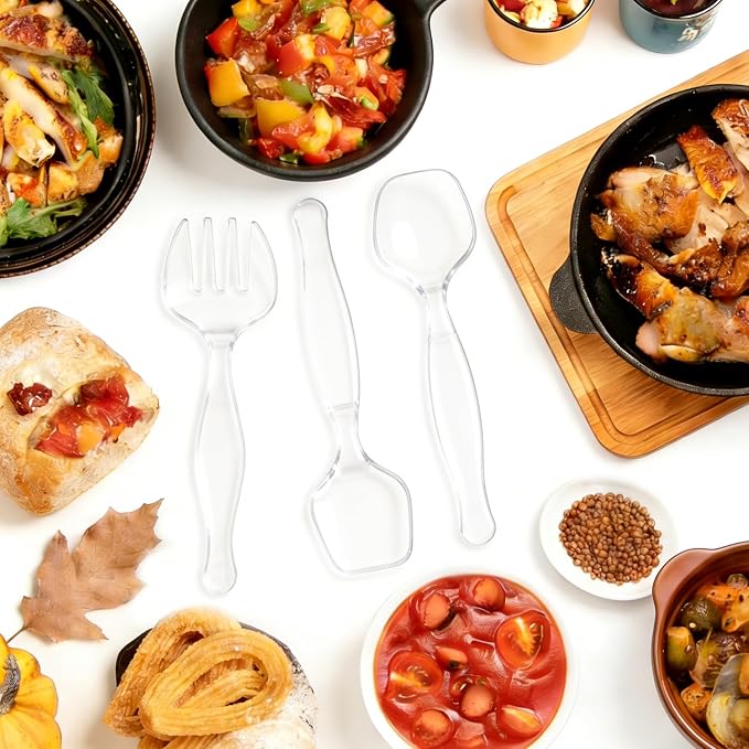 36Pcs Clear Plastic Serving Utensils, Spoons Forks and Tongs Set (Clear) | Disposable party utensils for dinner parties, buffets, salad, noodles, soup and weddings, clear serving supplies set
