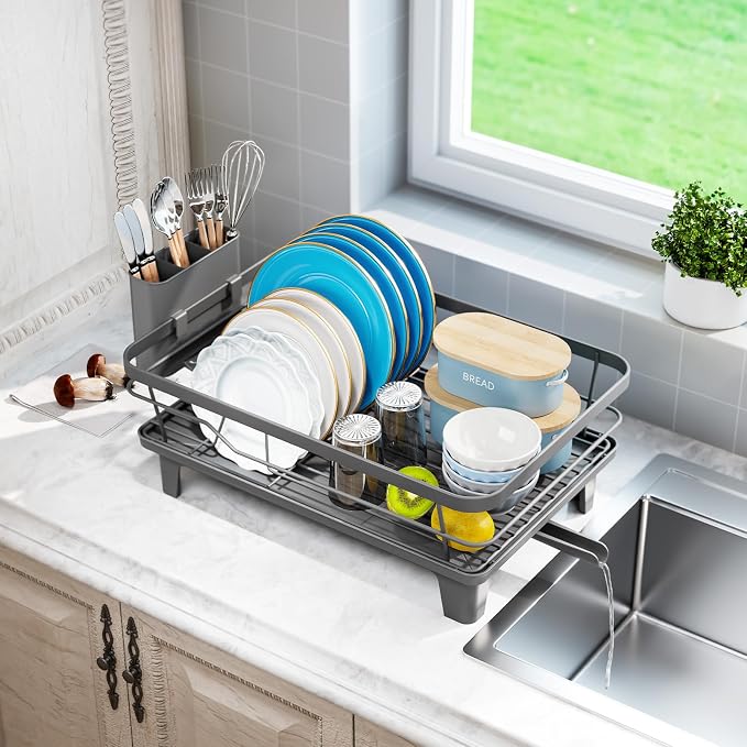 Urakify Dish Drying Rack for Kitchen Counter, 16.5" L x 12.2" W, Grey | Large Dish Drainer with Cutlery Holder, Sink Dish Rack with Drainboard for plate dish silverware, Space Saving