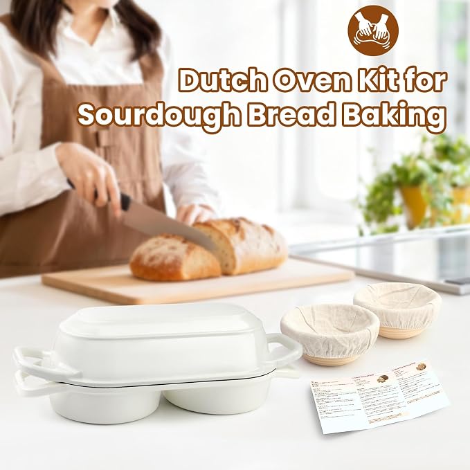 YONILL Mini Double Dutch Oven with Lid for Sourdough Bread Baking (White) | Enameled Cast Iron Pot with Lid, 5" Banneton Bread Proofing Basket Include, Dual Round Bread Loaf Pan for Homemade Baking