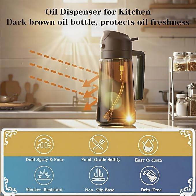 16oz/470ml Glass Olive Oil Sprayer for Cooking | 2 in 1 Oil Dispenser for Kitchen Spray and Pour, Premium Oil Bottle, Food-Grade Spray Bottle, for Salad, Air Fryer, BBQ