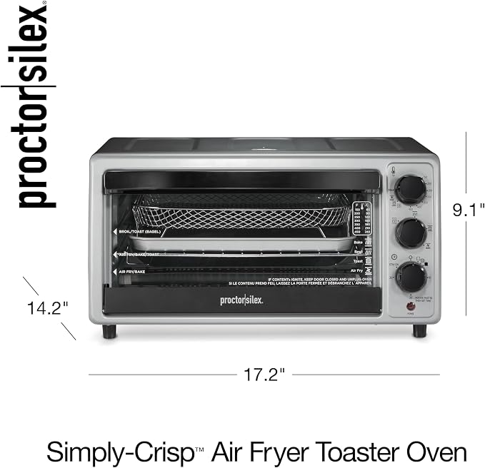 Proctor Silex 6 Slice Countertop Air Fryer Toaster Oven Combo | Air Fry, Bake, Broil, Toast | 150-450⁰F Adjustable Temp | 30 Minute Timer | Automatic Shutoff | Black and Silver | 31267J