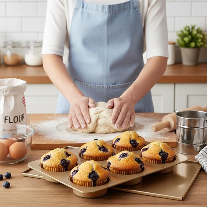 6 Cup Straight Side Jumbo English Muffin Cupcake Pan with Lid, 2 Set Nonstick Hamburger Bun Pan, Nonstick Baking Tin Tray Mold for Baking Burger Buns Roll Focaccia Quiche Pancake,Gold