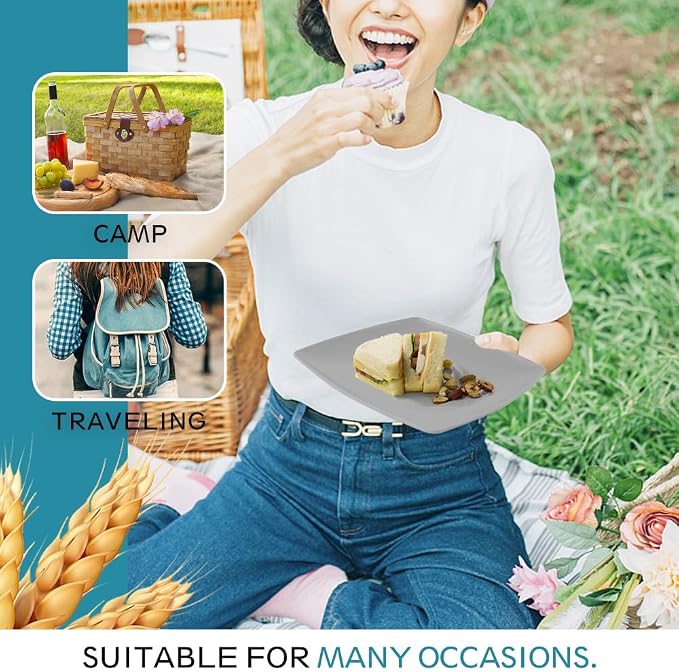 Teivio 32-Piece Kitchen Plastic Wheat Straw Squircle Dinnerware Set for 8, Unbreakable Dinner Plates, Salad Plates, Square Cereal Bowls, Cup 13.5oz, Dishwasher Safe,Gray Ombre