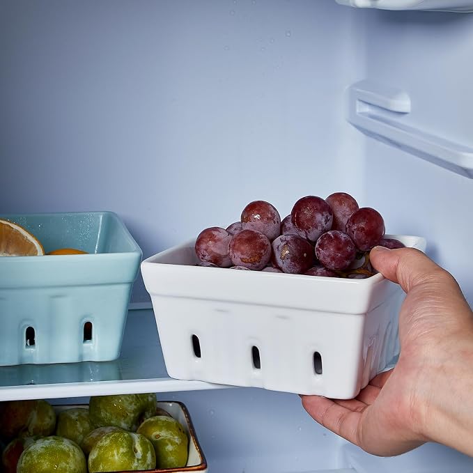 ONEMORE Berry Basket Ceramic Berry Bowls with Holes Square Fruit Bowl Berry Colander Containers for Fridge - 5.8" Fruit Basket for Kitchen Décor, Set of 2, White