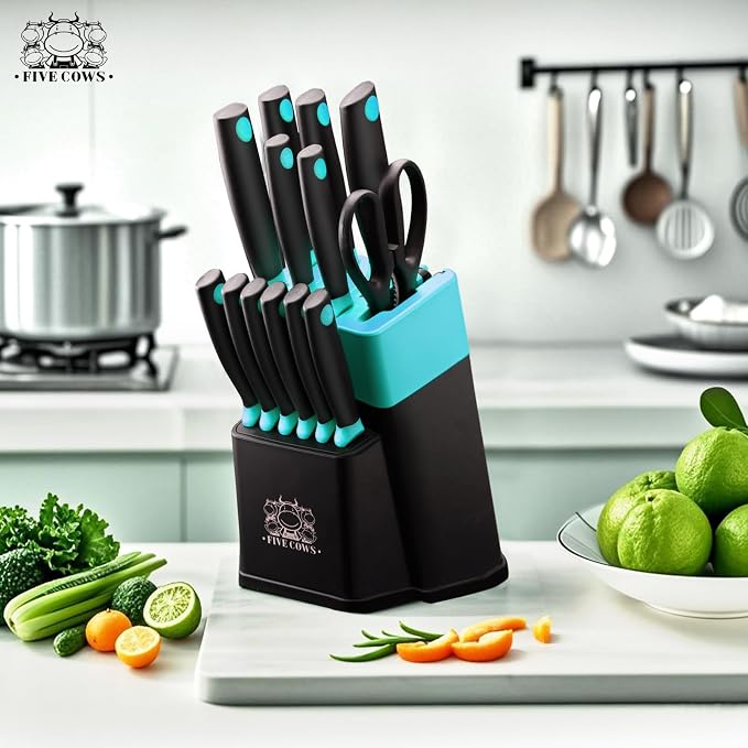 14 Pcs Kitchen Knife Block Set with Sharpener (Green) | German High Carbon Stainless Steel Chef Knives, Ultra Sharp & Durable. Lightweight Anti-Slip Handle, Great For Home Cooking
