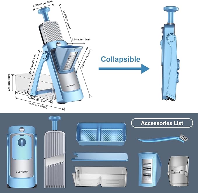 SupMaKin Upgrade Safe Mandoline Slicer,Multi Vegetable Chopper,Potato Slicer, Onion Chopper with Drain Basket Storage Container, Cheese Grater Kitchen Chopping Artifact (BlueGray)