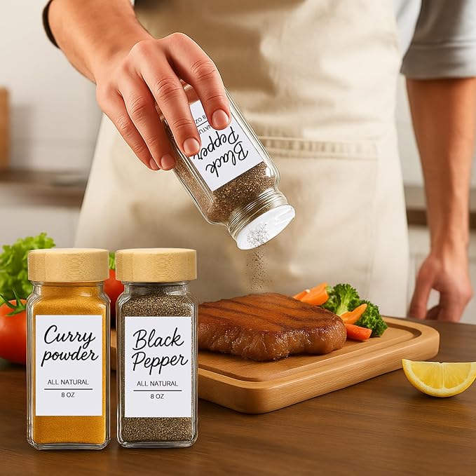 8Oz 8Pcs Glass Spice Jars with Label, Seasoning Containers, Spice Containers with Bamboo Lids & Pen, Empty Spice Bottles for Salt, Herbs, Sugar, Pepper (Natural Wood Color)