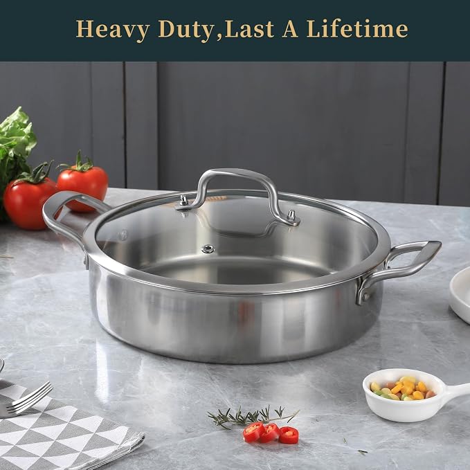 Yeksum Saute Pan with Lids, 3-Ply frying pan with lid large Fry Pan, 7QT Induction Skillet with lids, 12 inch Frying Pan 18/10 Cooking Pan, Silver, Oven & Dishwasher Safe, Works on All Cooktops