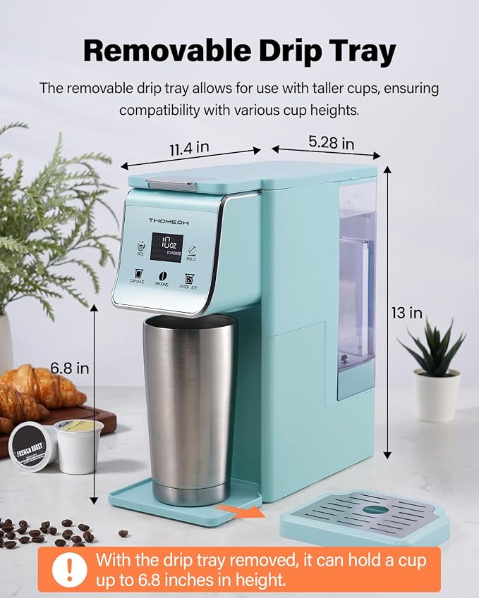 K Cup Coffee Maker, Single Serve Hot & Iced for K-Cup & Grounds | 52oz Removable Reservoir, Single Cup Coffee Maker with Bold Setting, 6-14oz Brew Sizes, Reusable Filter, Compact Design, Blue