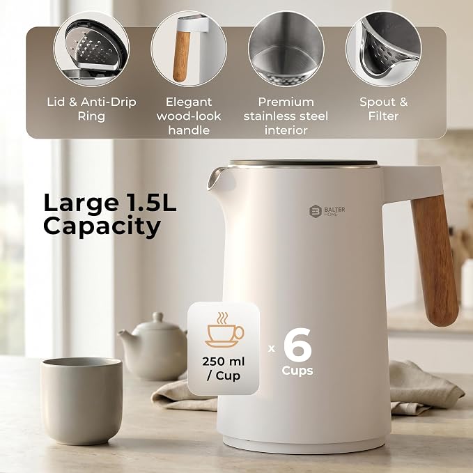 BALTER Electric Kettle with Temperature control, 113 °F – 212 °F, Tea pot, Stainless steel, double wall water kettle, BPA-free, quiet tea kettle, 1.5 L, 2200 W, White
