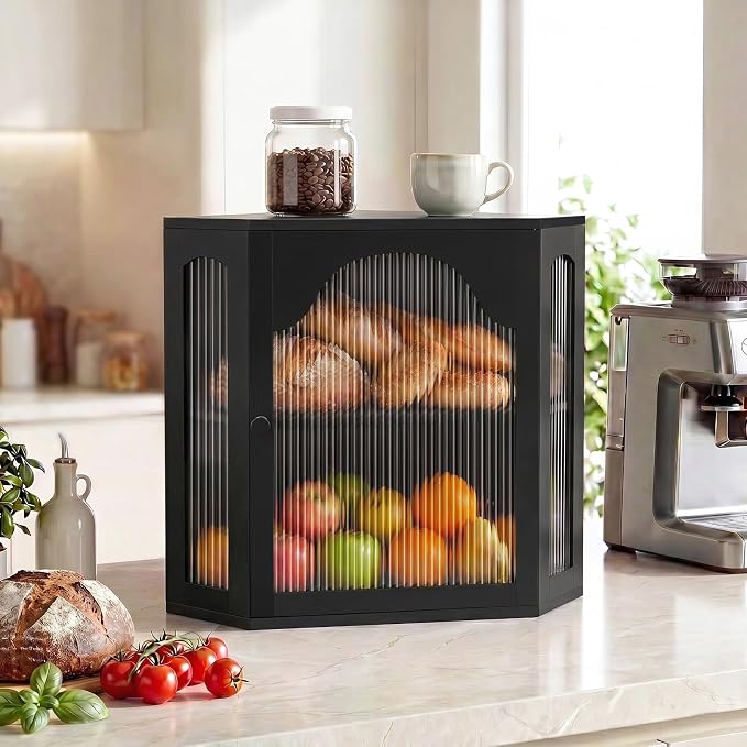 2-Tier Corner Bread Box for Kitchen Countertop with Acrylic Wavy Door Panel | Bread Storage for Homemade Bread, Large Bamboo Vintage Farmhouse Bread Bin, Cabinet Cupboard Pantry, Black, Extra Large