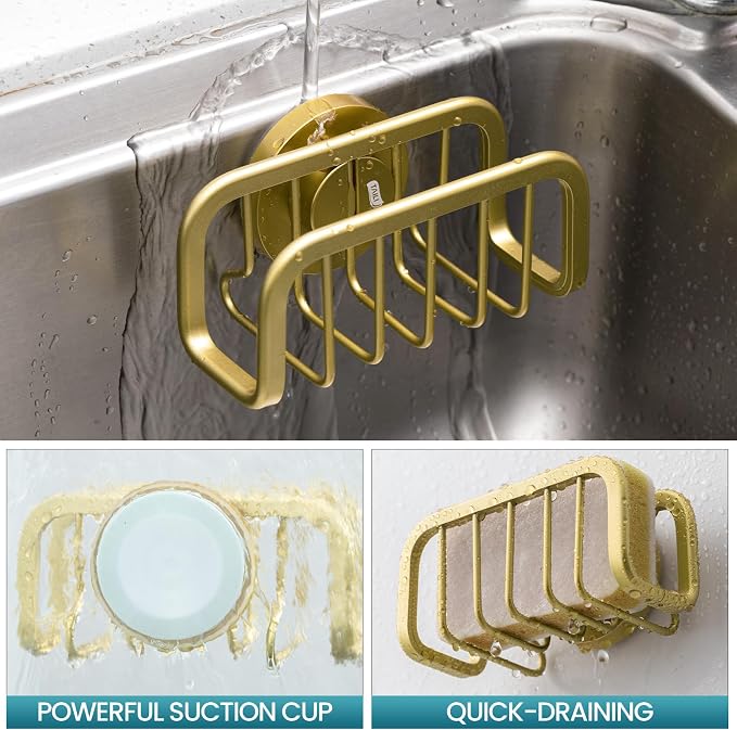 TAILI Rustproof Sponge Holder for Kitchen Sink with Suction Cup-Gold | Rustproof Aluminum Sink Caddy for Sponges, Brushes, Stoppers & Scrapers,Removable Ventilated Quick-dry Design, Holds Up 11lbs