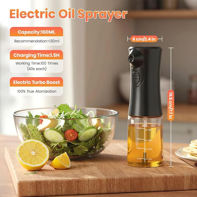 Electric Oil Sprayer for Cooking, Rechargeable Glass Olive Oil Mister, Battery Powered Continuous Fine Mist Spray Bottle for Air Fryer, Salad, BBQ, Kitchen - Uniform Spraying, Leak-Proof