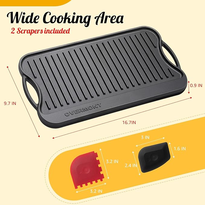 Overmont Reversible Cast Iron Grill - 17" x 9.8" Dual-Sided Griddle Pan | Pre-Seasoned Griddle Double Burner Cookware with Handles, for Gas Grill Stovetop Oven Campfire Camping BBQ, Scrapers Included