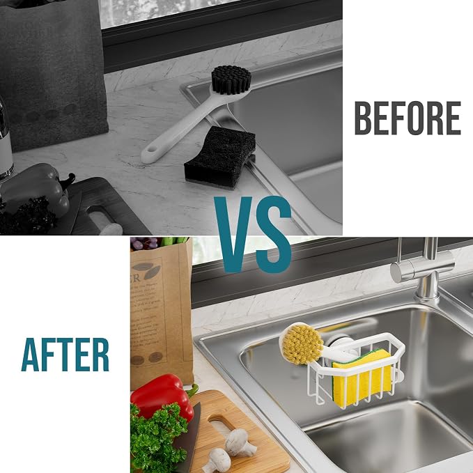 TAILI White Sponge Holder for Kitchen Sink with Strong Suction Cup | Dish Sponge Caddy Inside Sink Removable, Rustproof Aluminum for Sponges, Brushes, Stoppers and Scrapers