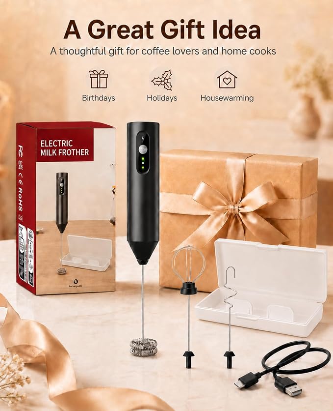 Rechargeable Electric Milk Frother Handheld, Hand Mixer Coffee Frother Wand | Portable Drink Mixer with 3 Speeds, 3 Whisk Heads, Storage Case, Electric Whisk for Matcha Lattes Cappuccino, Kitchen Gifts
