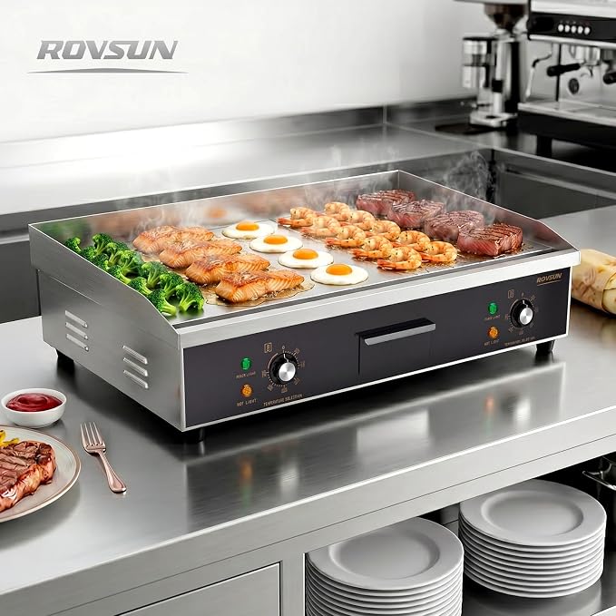 ROVSUN 30" Electric Griddle, Electric Countertop with Half Flat Top Griddle, 3000W Grill Stainless Steel with Adjustable Temperature Control 122°F-572°F for Commercial Home Restaurant, Plug