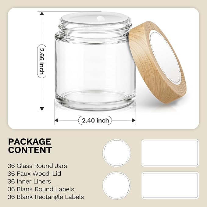 36Pack 4oz Small Glass Jar with Lid, Clear Cosmetic Jar with Wood-Grain Lid | Refillable bulk empty containers with labels; ideal for lotions, creams, salves, powders, candles and coffee, 120ml