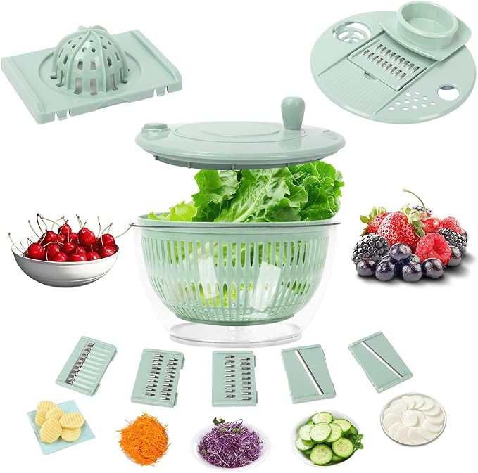 Salad Spinner Large, 5.3 QT 5 IN 1 Lettuce Spinner Dryer with 5 Blades Slicing and Pureeing Vegetables Wash Bowl Kitchen Gadgets for Efficient Salad Preparation Food Washing