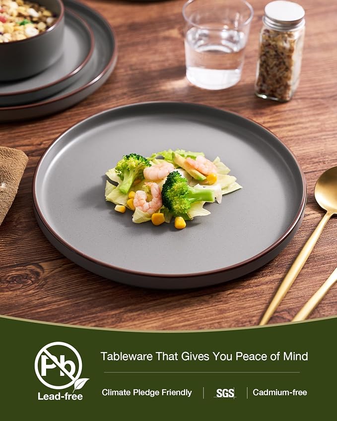 Famiware Nebula Ridge 24-Piece Dinnerware Set with Pasta Bowls, Dark Gray | Stoneware Plates and Bowls for 6, Warm Hand-Painted Rims, Microwave and Dishwasher Safe