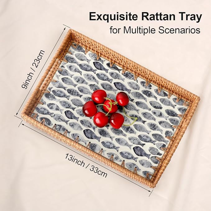 Rectangle Rattan Tray with Mother of Pearl Inlay, Rattan Serving Tray with Handle for Coffee, Bread, Fruits, Snacks, Decorative Wicker Tray for Table Decor (Rectangle Black Fish, 13"×9")