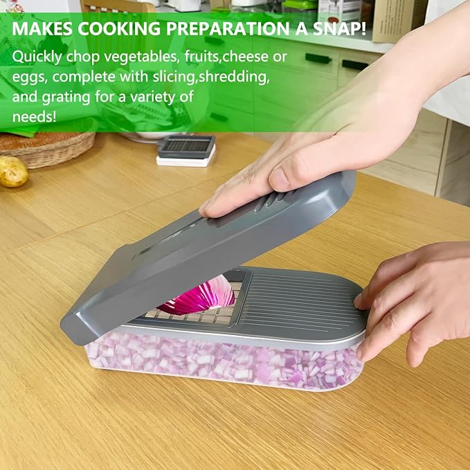 Vegetable Chopper with Container, 10 in 1 Manual Food Chopper Cutter, Grey | Multifunctional Sharp Blades Dice, Slice, Shred & Grate for Onions, Salads, Fruit at Home Kitchen for Various Use