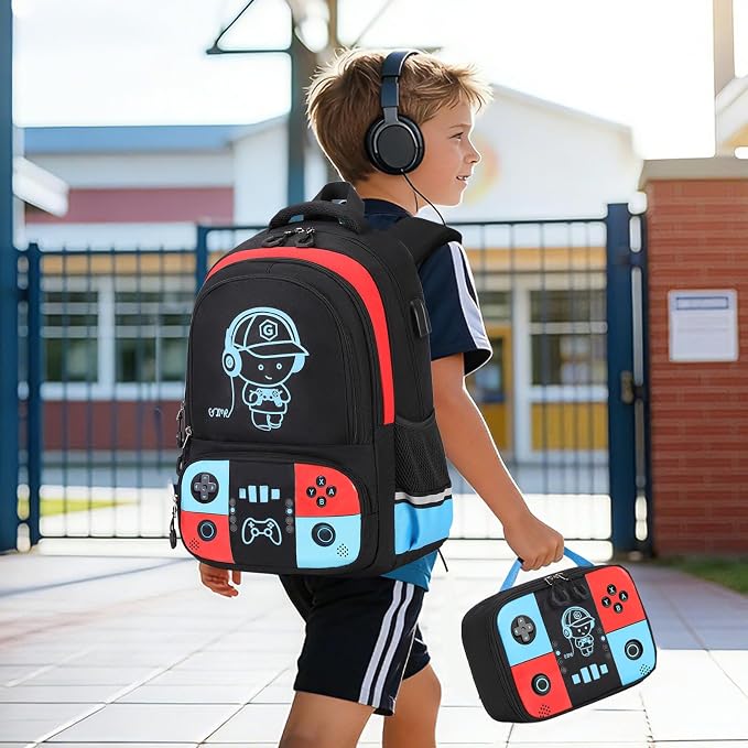 Backpack for School Boys, Cool Luminous Gamer Boys Schoolbag | with Lunch Box & Pencil Case Set for Kids Teens Elementary Middle School, Bookbag Glow In The Dark