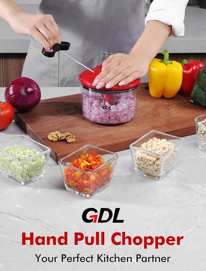GDL Food Chopper, Vegetable Chopper, Pull String Onion Chopper Dicer, 800ML | Manual Chopper Dicer for Oinon, Garlic, Nut, 420 Stainless Steel Blade, Dishwasher Safe, Fast Cutting, Anti-Slip Base, No BPA