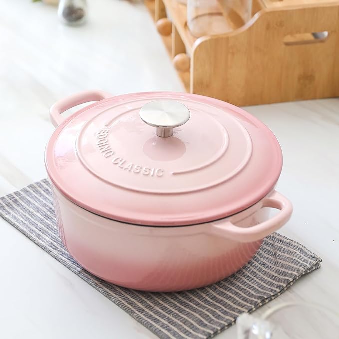 EDGING CASTING Enameled Cast Iron Covered 5.5 Quart Dutch Oven with Dual Handle, Dutch Ovens with Lid for Bread Baking, Pink