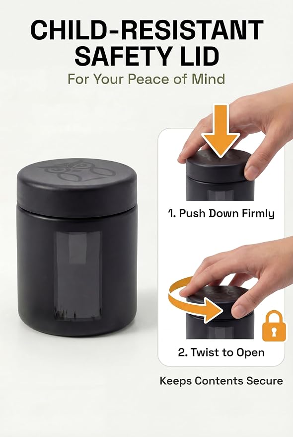Treehouse Smell Proof Containers (120mL), Jars with Airtight Lids for Herbs, Spices, Coffee and Tea, Air Tight Glass Storage Jars with UV Protection Glass, (Set of 4) (Matte Black)