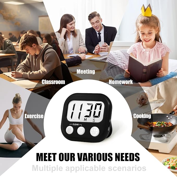 2 Pack Digital Kitchen Timer for Cooking Big Digits Loud Alarm Magnetic Backing Stand Cooking Timers for Baking Black
