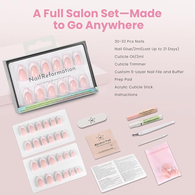 Nail Reformation Silver Lining Press On Nails, Short Almond, 16 Sizes 32Pcs | Nude Fake Nails in White Glitter French Tip in Glossy Finish, Gifts for Women