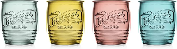Glaver's Set Of 4 Original Mason Collins Glasses Assorted Colored Drinking Glasses For Juice Smoothies Cocktails Fine Beverage Glass Cups HAND WASH(Original Mason Whiskey Colored 13 OZ.)