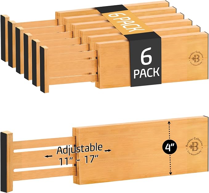 6-Pack Deep Drawer Dividers 4-Inch High Dresser Drawer Organizer, Bamboo | Adjustable 11.5-17 Inch Spring-Loaded Separators for Clothes, Utensils, Socks, Bedroom, Bathroom, Kitchen, Office, No Tools