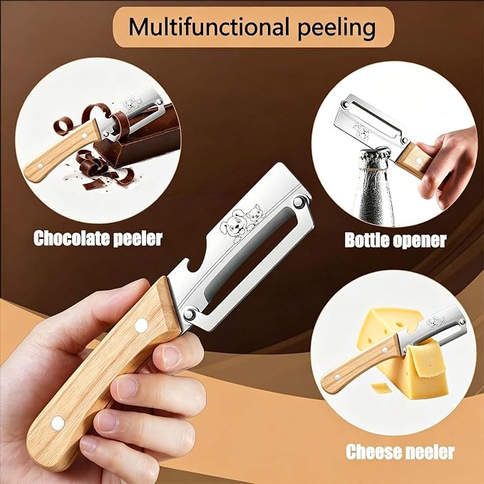 Vegetable Peeler,Stainless Blade,Wooden Handle,Veggie Potato Apple | 2-in-1Multifunctional Peeler,Anti-slip,Zero Snag,Sharp Blade,Built-in Bottle Opener for Fruit Pumpkin Carrot Kitchen Tool
