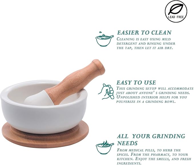 E-liu Porcelain Mortar and Pestle Set with Lid, Functional for Grinding | Pill Crusher, Spice Grinder, Herb Bowl, Pesto Powder – Molcajete for Salt - PLUS Lid/Non-Slip Base
