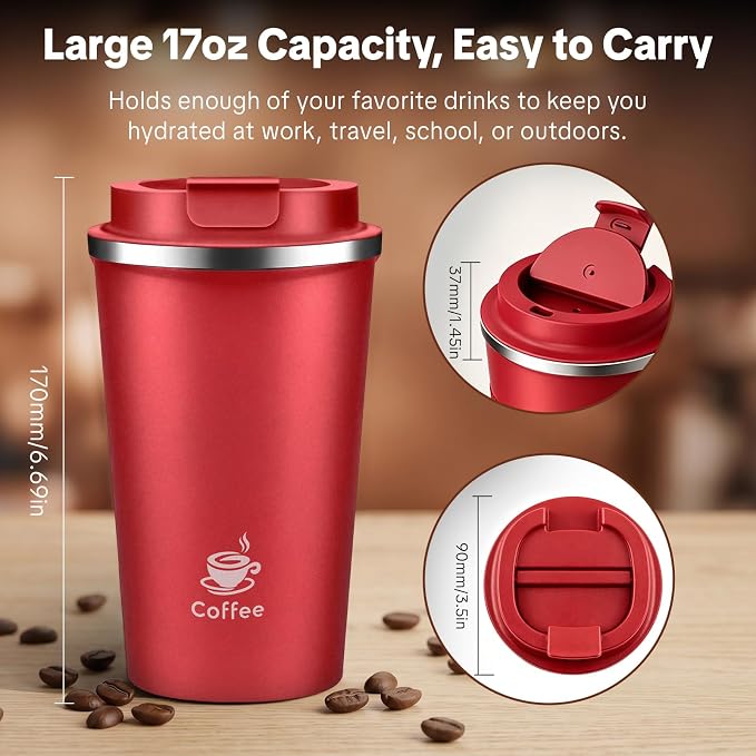 17oz Travel Coffee Mug ,Leakproof Vacuum Coffee Cup Insulated Tumbler | 304 Stainless Steel, Double-Wall Vacuum Insulated, Leakproof, Fits Hot & Cold Drinks Car Cup Holders, Travel, Office