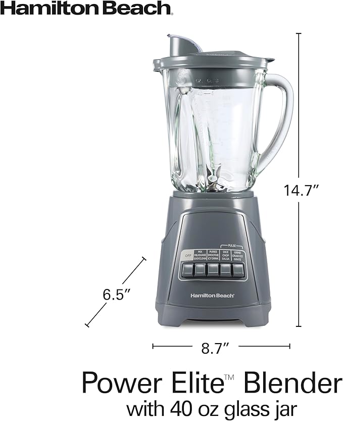 Hamilton Beach Power Elite Blender For Smoothies With Wave Action System | 40 oz. Glass Jar | 12 Functions Including Puree, Crush Ice | 700 Watts | Grey | 58153J