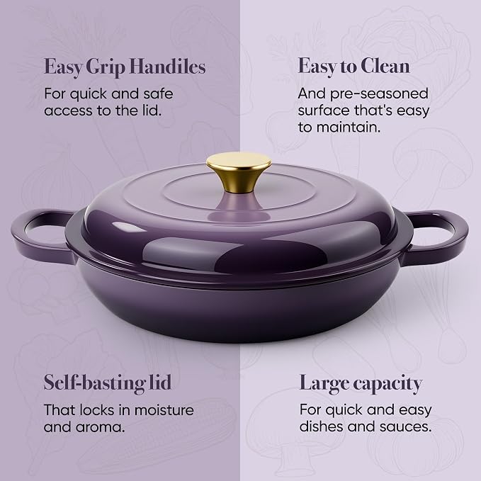 3 Quart Enameled Cast Iron Braiser, Non Stick Enameled Cast Iron Skillet with Lid, Dutch Oven Skillet with lid up to 500°F for Oven, Stove, Grill, Shallow Dutch Oven for Cook, Bake (Purple)