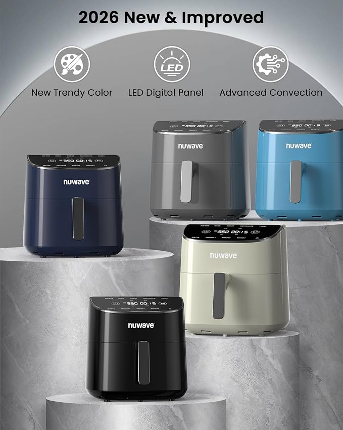 Nuwave Brio Plus Air Fryer 8 Qt, New & Improved, PFAS-Free Ceramic Coating | 7 Digital One-Touch Modes: Air Fry/Bake/Roast/Dehydrate/Toast/Reheat/Preheat; 150 Presets; 50–400°F; 700/1500/1800W; CozyBlue