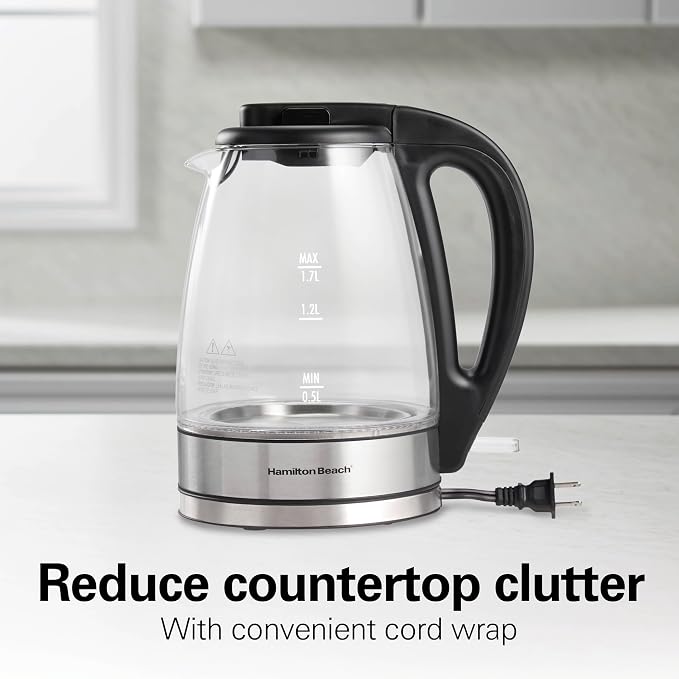 Hamilton Beach 1.7 Liter Electric Tea Kettle, Water Boiler & Heater | Fast Boiling 1500 Watts | BPA Free | Cordless Serving | Auto-Shutoff & Boil-Dry Protection | LED Indicator | Clear Glass