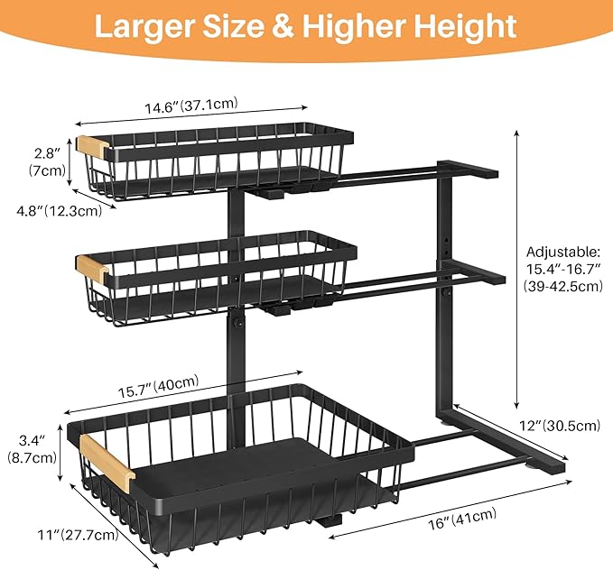 PXRACK Under Sink Organizer, 1-Pack 3-Tier Height Adjustable Thickened Metal Pull out Cabinet Organizer Shelf, Slide out Storage Drawer Rack for Bathroom Kitchen Pantry Home Organization, Black