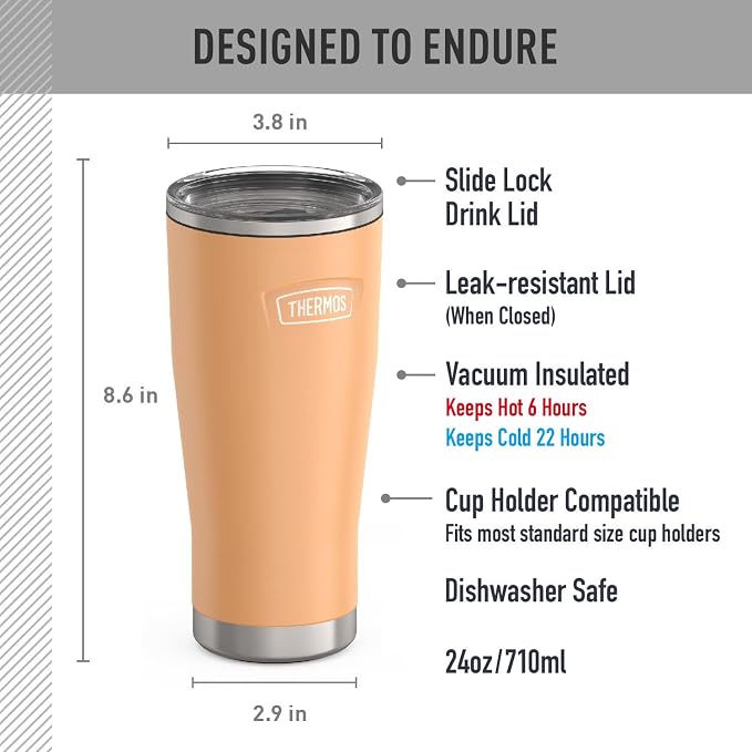 THERMOS Icon Series 24oz Stainless Steel Tumbler with Slide Lock Lid, Leakproof, Fits Cupholder, Dishwasher Safe, Griptec™ Non‑Slip Base, Keeps Drinks Hot 6 Hrs/Cold 22 Hrs, Melon